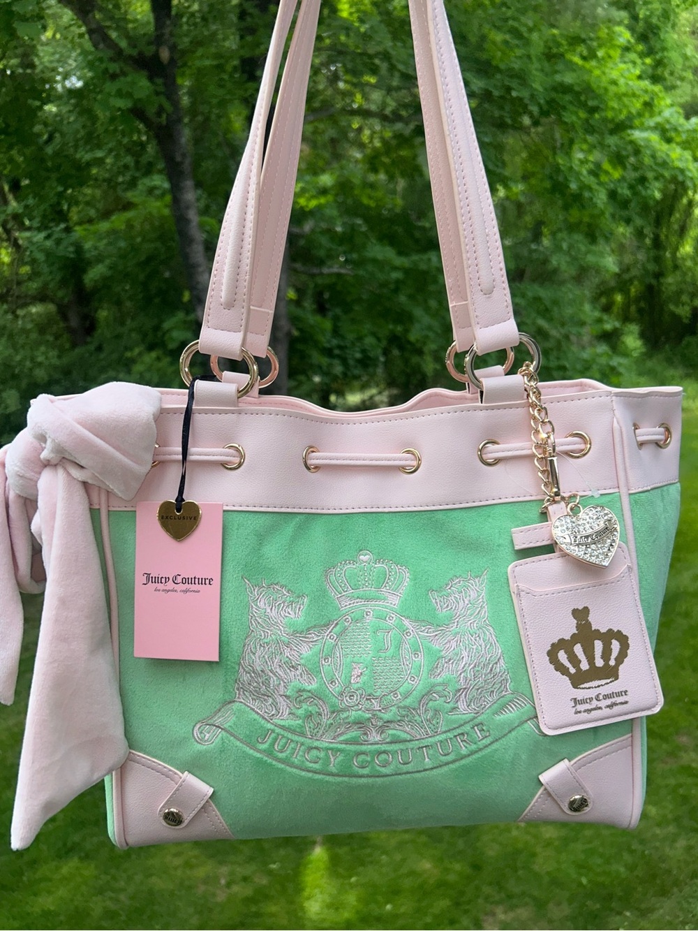 NEW! NWT JUICY COUTURE Daydreamer Scottie Dogs Velour Tote Retro Green/Powder